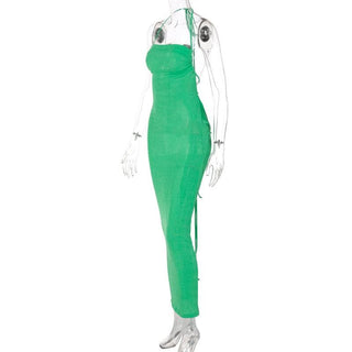 Halter ruched backless lace up solid self tie maxi dress