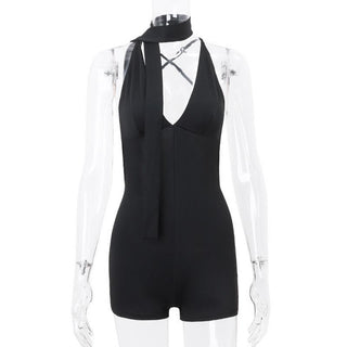 Deep V neck cross back backless ruched solid cami romper