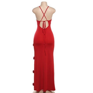 V neck flower applique cross back cami maxi dress