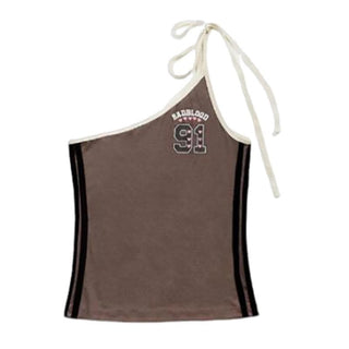 One shoulder irregular self tie â€œ91â€ pattern contrast top