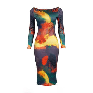 Contrast print long sleeve self tie backless midi dress