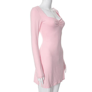Square neck solid ruched long sleeve mini dress
