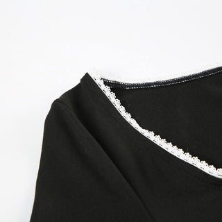 Long sleeve lace hem bowknot round neck top