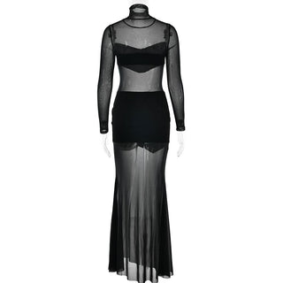 High neck long sleeve mesh patchwork velvet maxi dress