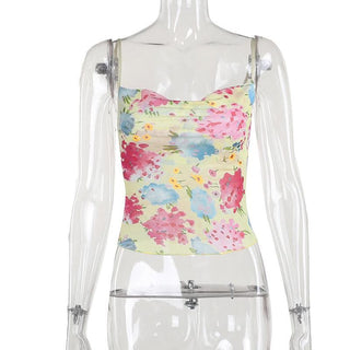 Cowl neck flower print sheer mesh cami top