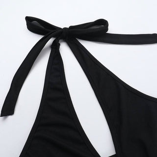 Halter self tie beaded ruched v neck mini dress