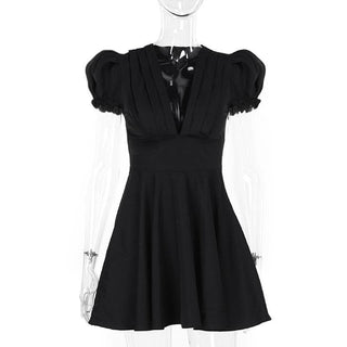 Short puff sleeve ruffle v neck self tie mini dress