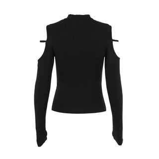 High neck long sleeve hollow out cross metal cut out top
