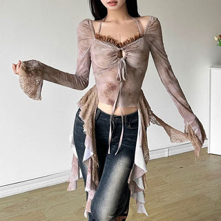 Long sleeve v neck hollow out lace hem halter cut out top