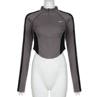 High neck long sleeve tag zip-up top