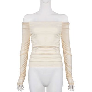 Long sleeve off shoulder mesh ruched top