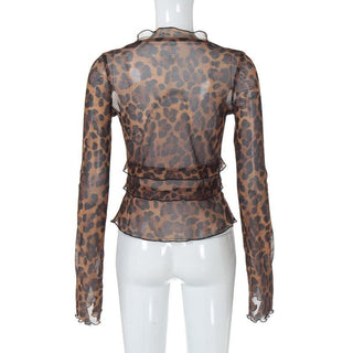 Long flared sleeve leopard print ruffle knotted sheer mesh top