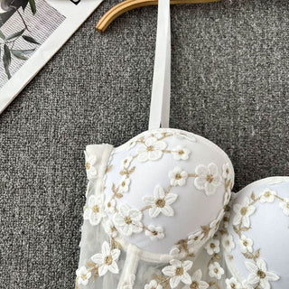Embroidery padded bustier flower applique cami top