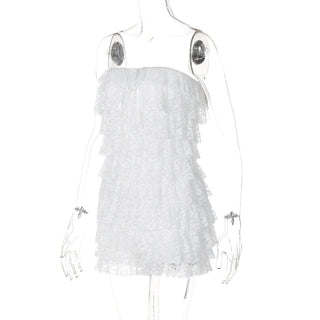 Bowknot lace backless ruffle tube mini dress