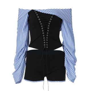 Long sleeve off shoulder striped print pant set