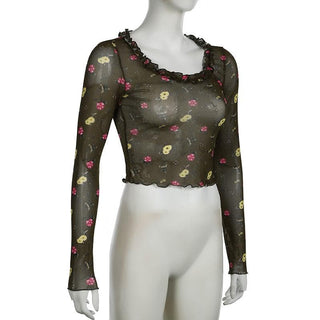 Long sleeve flower print mesh ruffle crop top