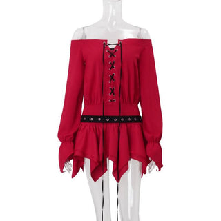 Off shoulder long sleeve ruffle lace up mini dress