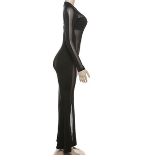 Long sleeve crewneck mesh patchwork maxi dress