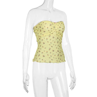 Ruched ruffle print flower applique tube top