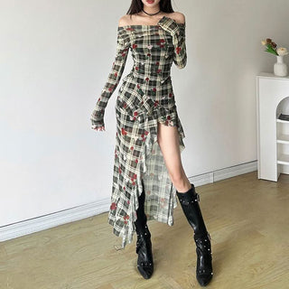 Long sleeve off shoulder flower print ruffle midi dress