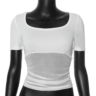Short sleeve square neck mesh patchwork top
