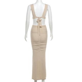 O ring textured hollow out self tie ruched tank cut out maxi dress-final-sale