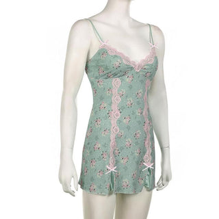 Lace hem bowknot print mesh slit cami mini dress