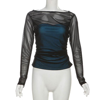 Long sleeve ruched mesh patchwork top