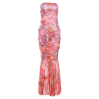 Lace up flower print contrast backless tube maxi dress