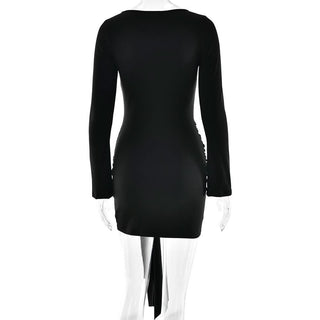 Long sleeve ruched metal applique mini dress