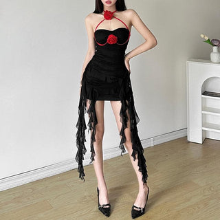 Halter self tie ruched flower applique backless mini dress