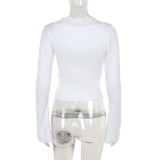 Long sleeve v neck lace hem button top