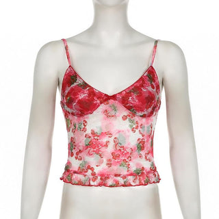 V neck flower print lace see through cami top
