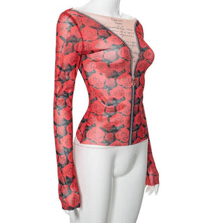 Long sleeve round neck rose print sheer mesh top