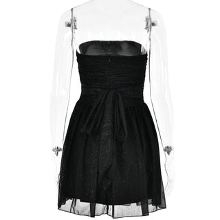 Ruched backless glitter mesh tube mini dress