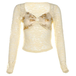 Long sleeve lace ruched print o ring hollow out cut out top