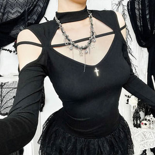 High neck long sleeve hollow out cross metal cut out top