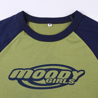 Patchwork contrast short sleeve crewneck "moody" pattern crop top