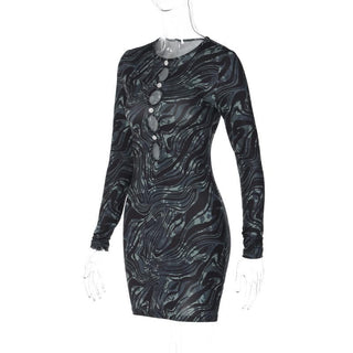 Ripple contrast long sleeve hollow out crewneck cut out mini dress