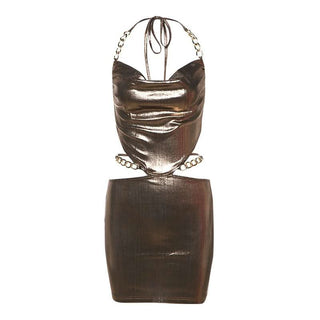 Cowl neck halter metal chain hollow out cut out mini dress