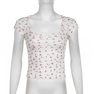 Cap sleeve textured cherry print bowknot lace hem top