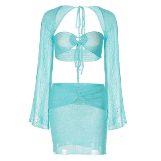 Long sleeve hollow out shrug 3 piece mini skirt set