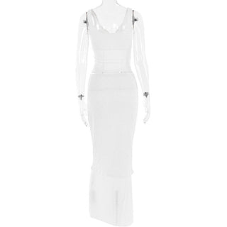 Lace v neck sleeveless hollow out solid patchwork maxi skirt set - Final Sale