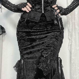 Lace hem lace up zip-up maxi skirt