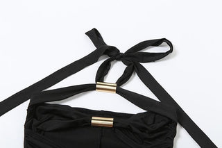 Ruched halter self tie hollow out backless solid romper