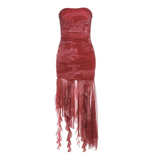 Ruched mesh loong print ruffle tube midi dress