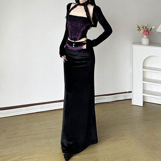 Halter long sleeve velvet lace hem 2 piece top