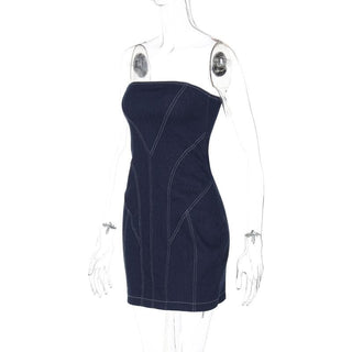 Denim stitch zip-up backless tube mini dress