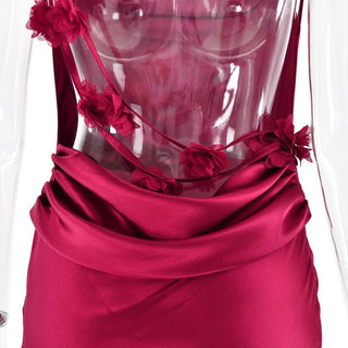 Cowl neck satin flower applique backless cami maxi dress