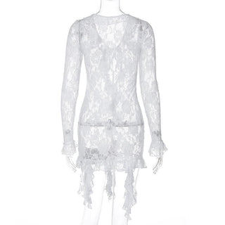 Long flared sleeve ruffle lace see through mini dress